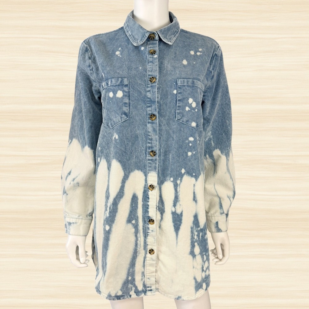 Peach Love Corduroy Shacket Bleach Dip Dye Acid Wash Button Down Oversized S